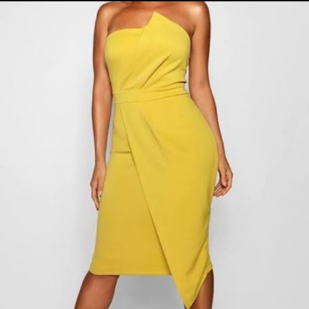 Boohoo Yellow Asymmetric Strapless Midi Dress